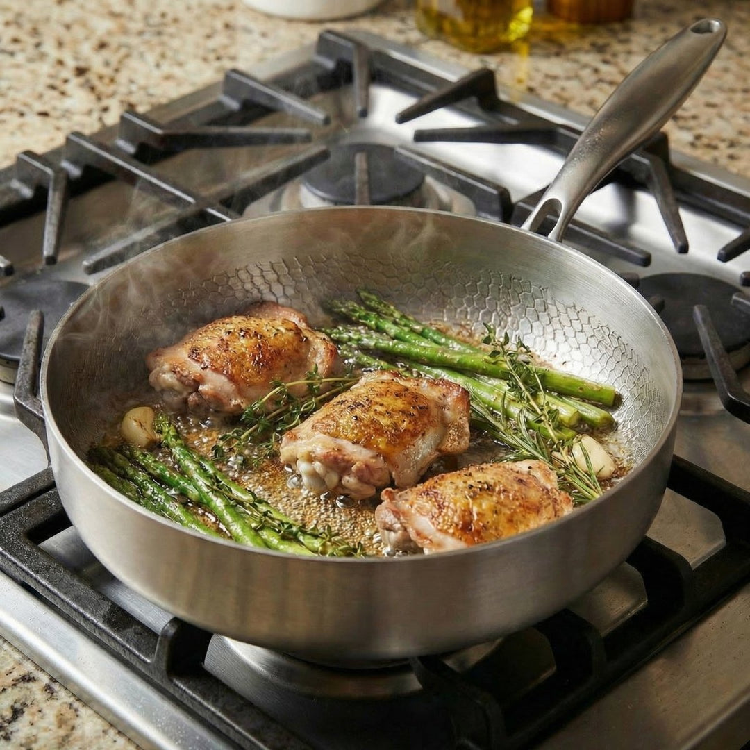 Another view of the silver Hand-Hammered High-Wall Titanium Frying Pan on a gas stovetop with chicken thighs and asparagus.