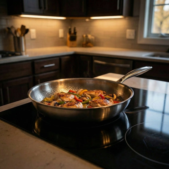 Another view of a frying pan on a black glass cooktop with chicken pieces, sliced peppers and mushrooms.