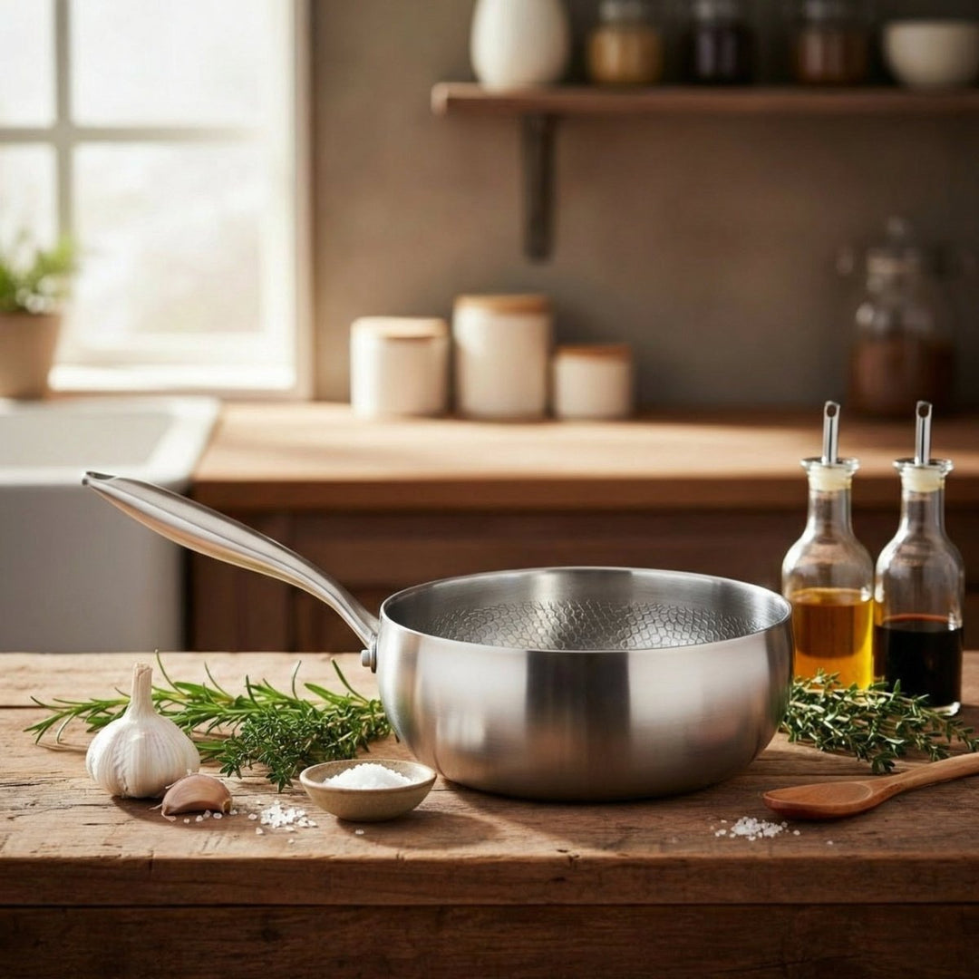 Empty pan on a rustic wooden counter beside garlic, rosemary, salt, oil bottles and a wooden spoon. 5