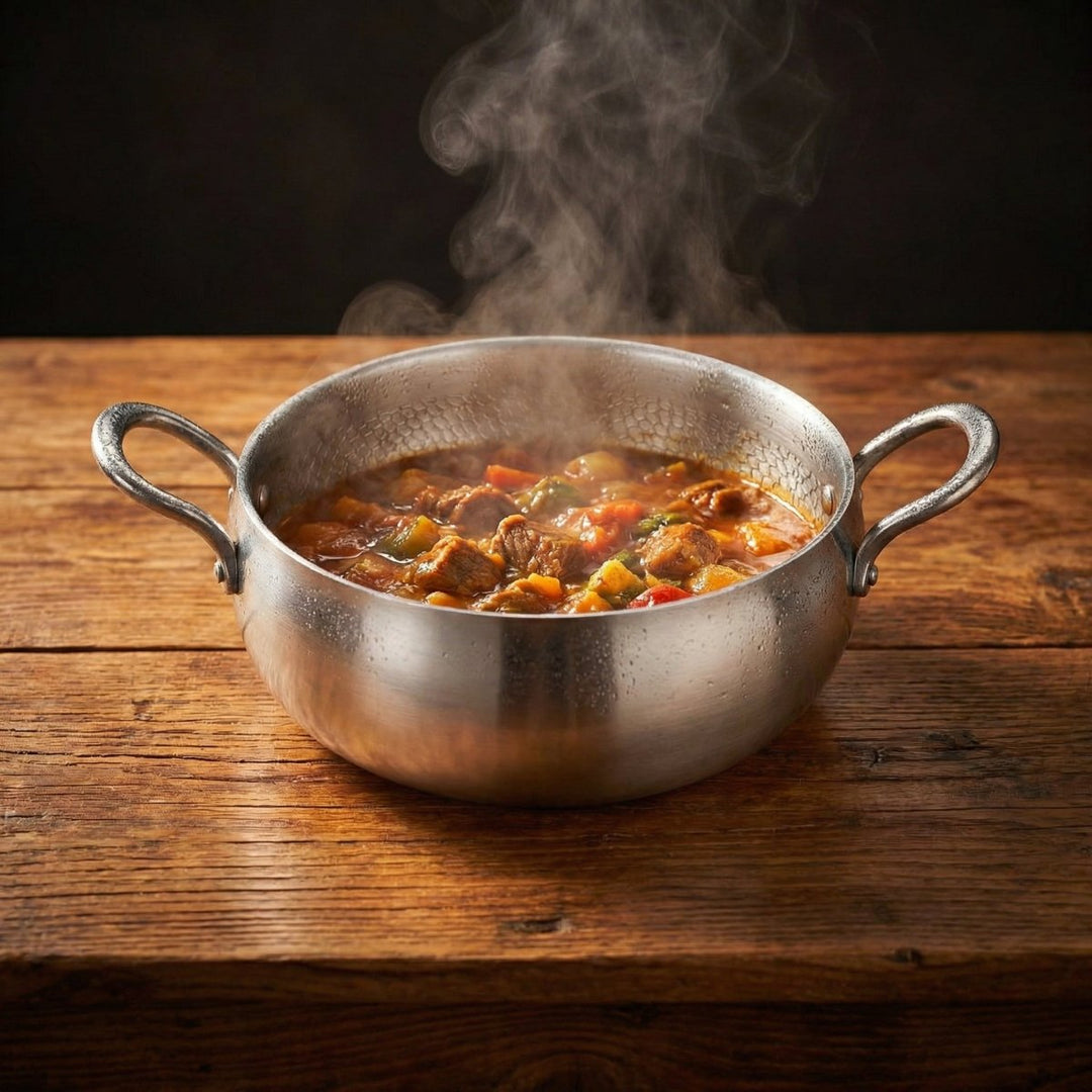 Another view of beef and vegetable stew steaming in the stockpot.