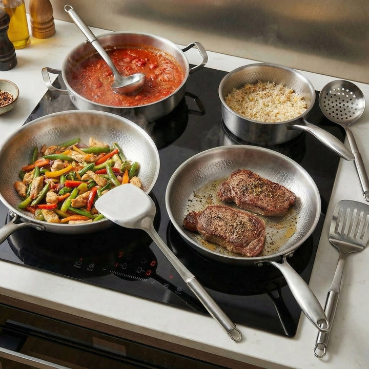 Pans on an induction cooktop with vegetables, seared steaks, rice and tomato sauce, with utensils nearby.