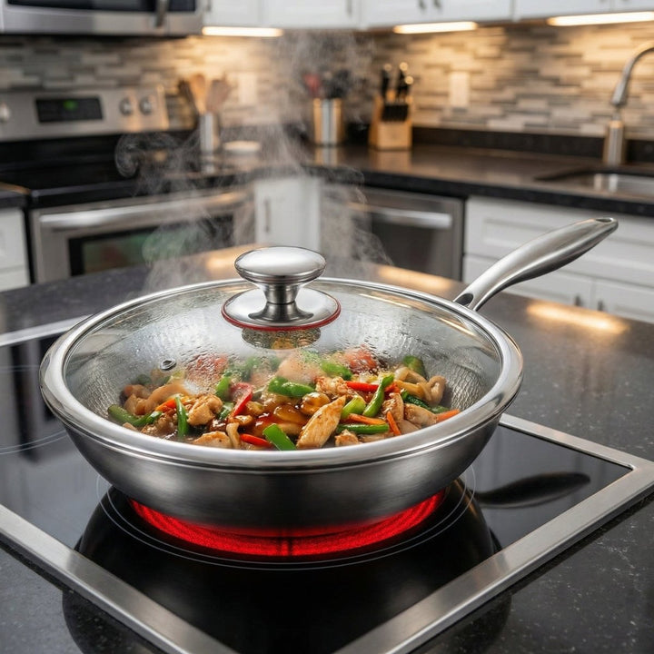 Lidded wok of chicken and vegetable stir-fry steaming on a glowing red electric cooktop in a modern kitchen. 6