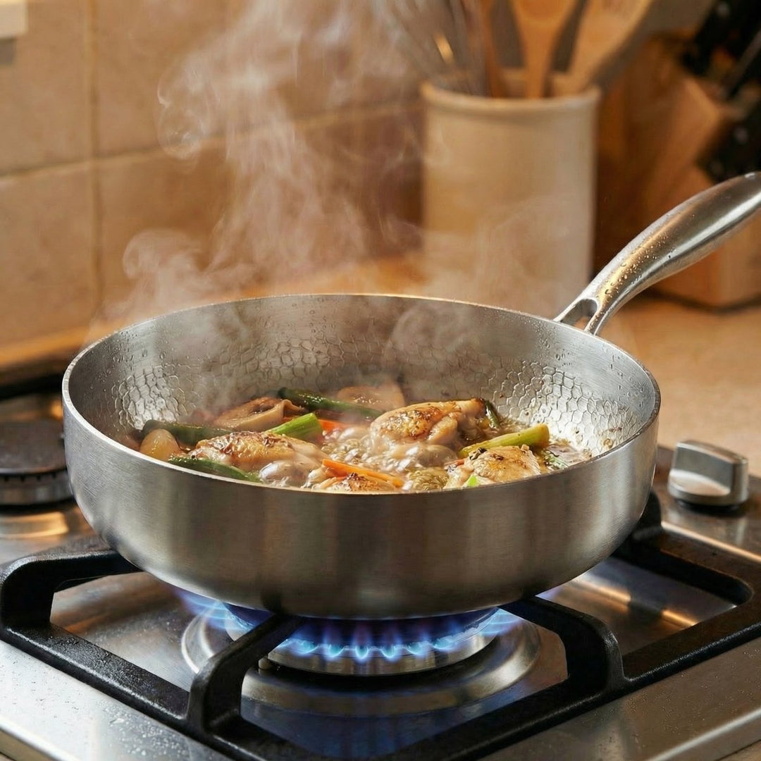 Hammered Titanium Pan with High Rim, silver metal pan another view over a gas flame with chicken and vegetables.