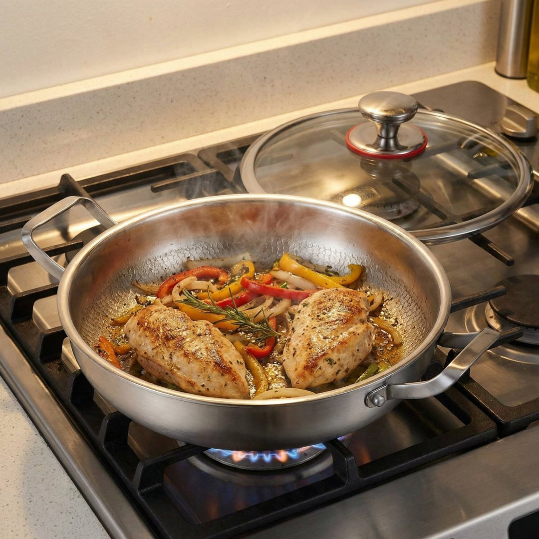 Hammered titanium pan cooking chicken and peppers on a gas burner, another view