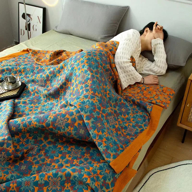 Orange & Blue Pattern Six-Layer Cotton Quilt - TerraLoom-Duvet-98.43 × 94.49 in-Nora Luxe