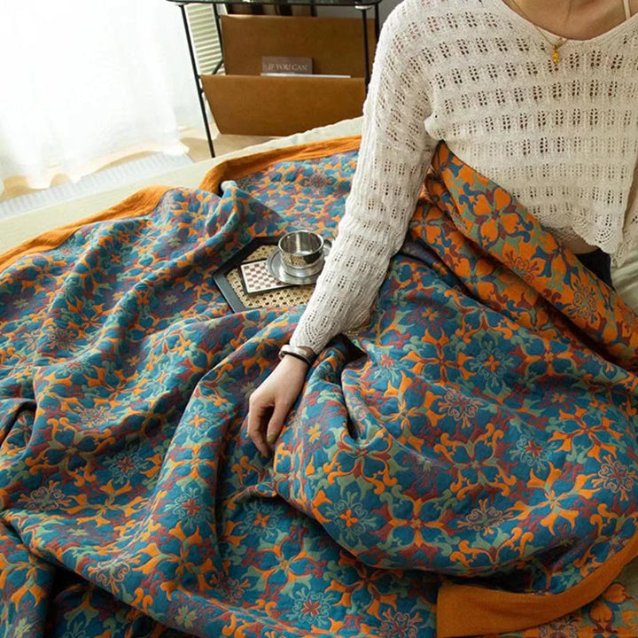 Orange & Blue Pattern Six-Layer Cotton Quilt - TerraLoom-Duvet-98.43 × 94.49 in-Nora Luxe