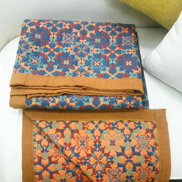 Orange & Blue Pattern Six-Layer Cotton Quilt - TerraLoom-Duvet-98.43 × 94.49 in-Nora Luxe