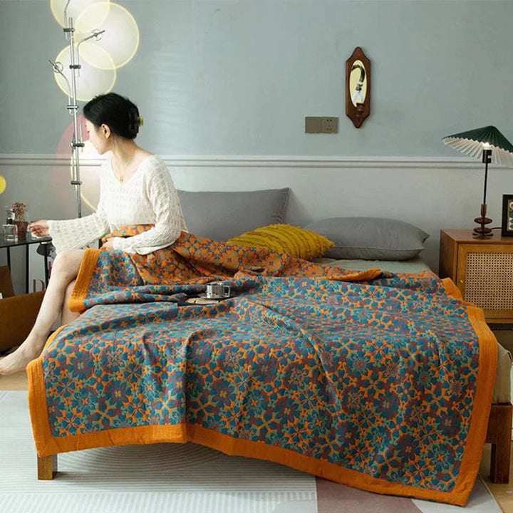 Orange & Blue Pattern Six-Layer Cotton Quilt - TerraLoom-Duvet-98.43 × 94.49 in-Nora Luxe