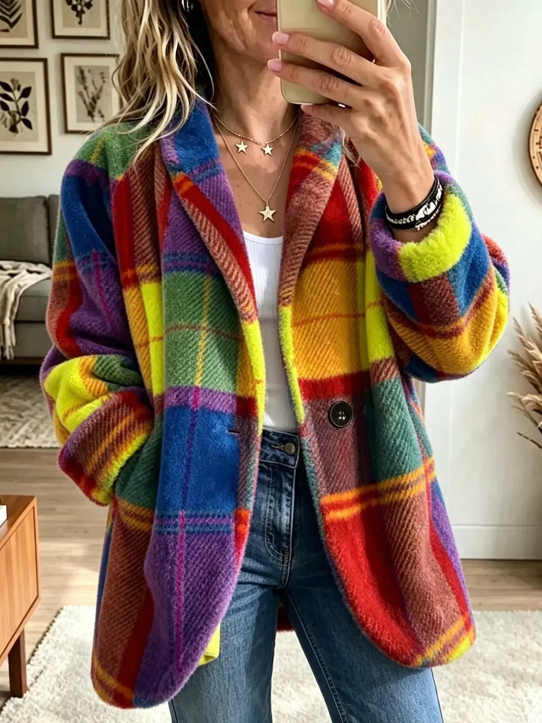 Woman wearing the fuzzy plaid coat in a brighter colorway of red, yellow, lime, blue and purple, open over jeans.