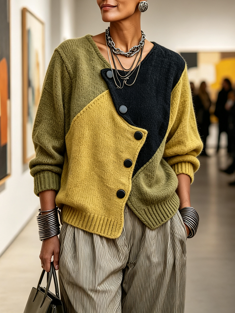 Model wearing the asymmetric buttoned sweater with striped trousers and a dark handbag in an art gallery 2