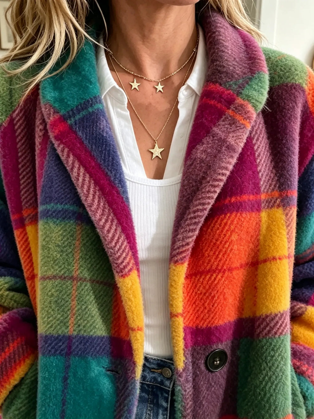 Close-up detail of the fuzzy plaid coat's lapel and twill texture in teal, magenta and orange.