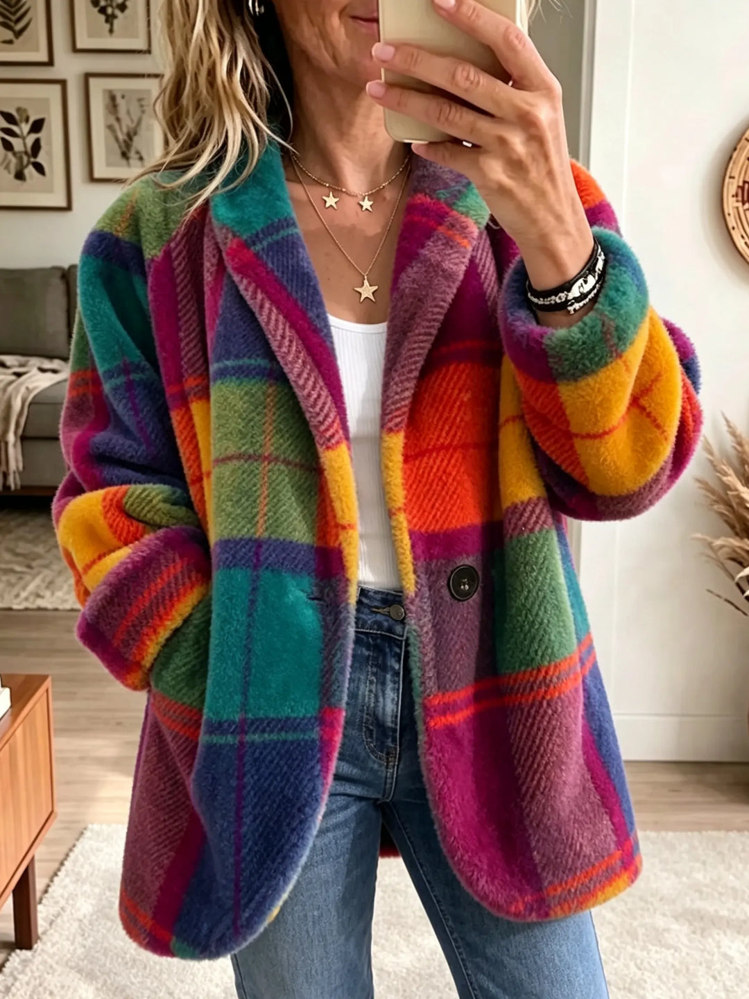 Woman taking a mirror selfie in a fuzzy plaid coat in teal, orange, yellow and magenta, worn open over jeans.