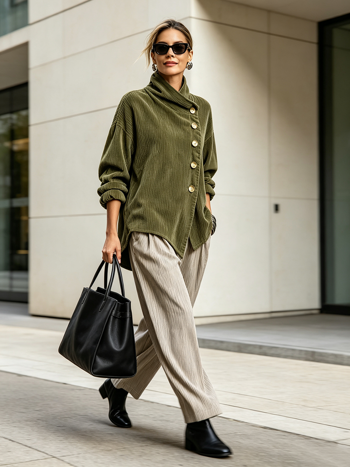 Full-length view of the olive corduroy sweater worn with wide-leg beige trousers, black boots and a black tote.