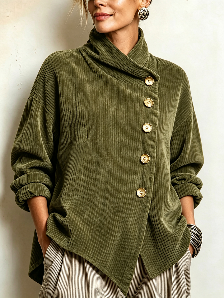 Close-up of an olive green ribbed corduroy sweater with a draped cowl collar and gold-tone buttons down an asymmetric front placket.