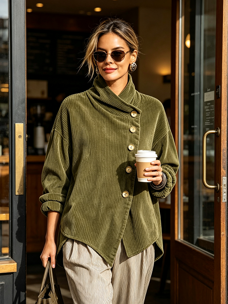 Woman wearing the olive corduroy sweater with striped trousers and holding a coffee cup and a tote.