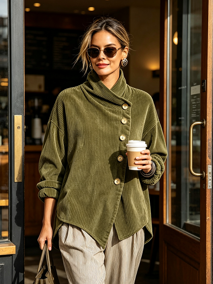 Woman wearing the olive corduroy sweater with striped trousers and holding a coffee cup and a tote.