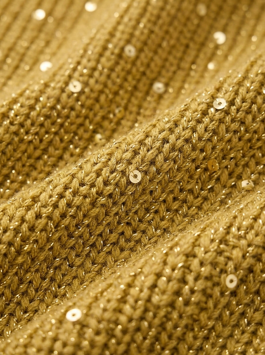 Close-up of gold ribbed knit fabric with small sequins and metallic threads.