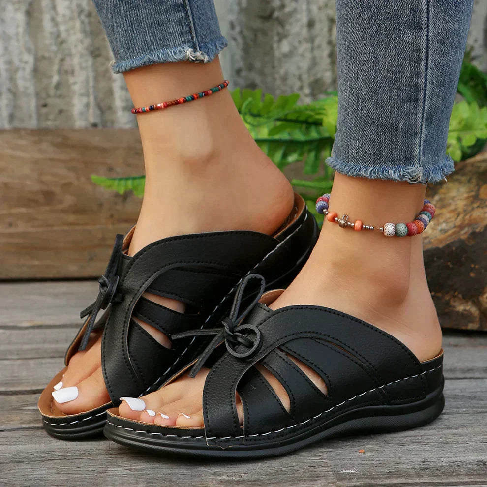 Orthopaedic Wedge Sandals with Arched Knot – Mirella-Black-3-State of Style