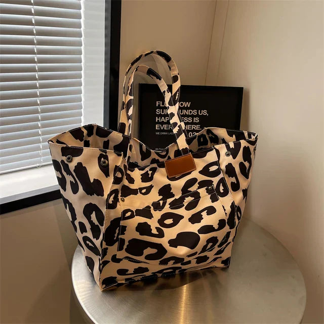 Oversized Canvas Shoulder Bag with Leopard Print - Lilac-Beige-Nora Luxe