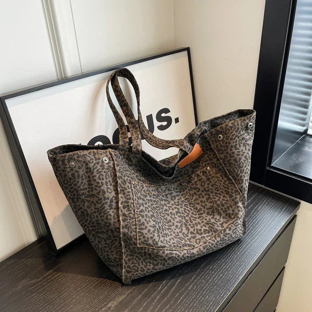 Oversized Canvas Shoulder Bag with Leopard Print - Lilac-Black-Nora Luxe