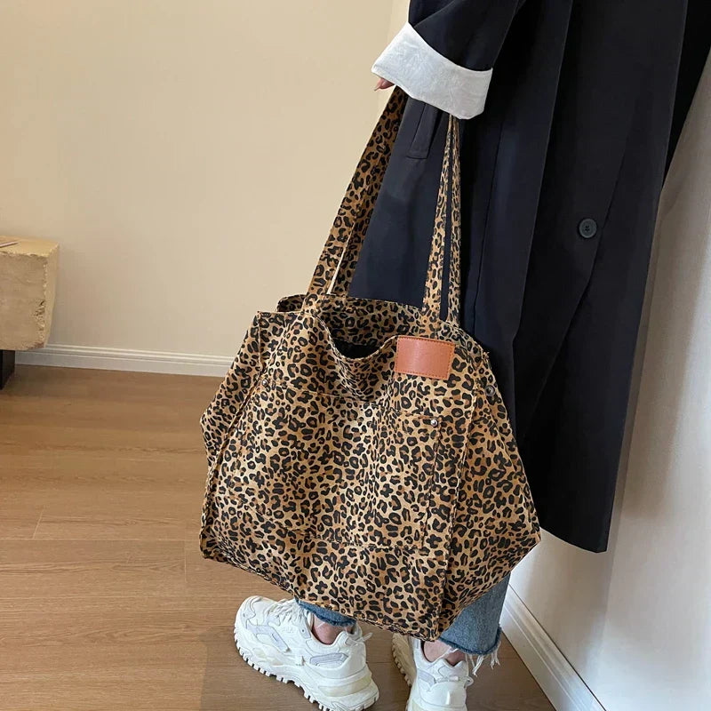 Oversized Canvas Shoulder Bag with Leopard Print - Lilac-Brown-Nora Luxe