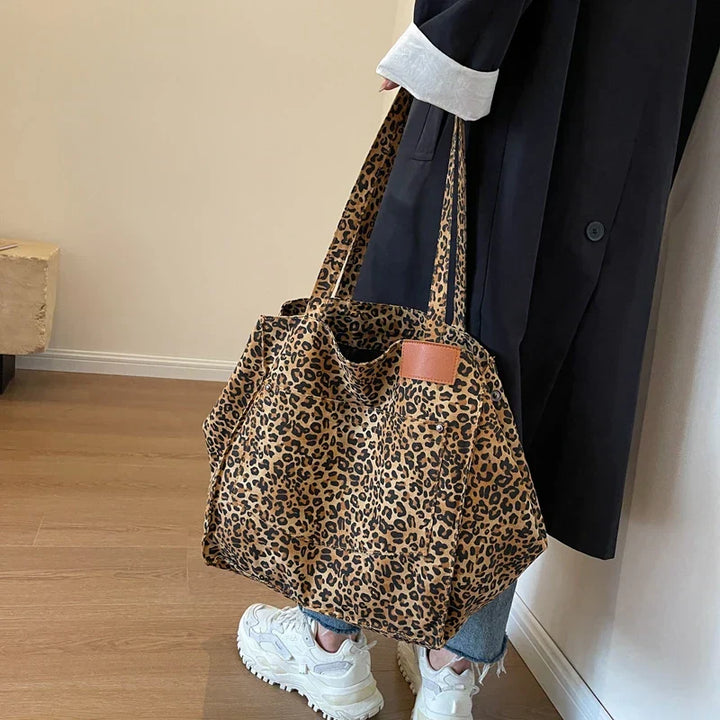 Oversized Canvas Shoulder Bag with Leopard Print - Lilac-Brown-Nora Luxe