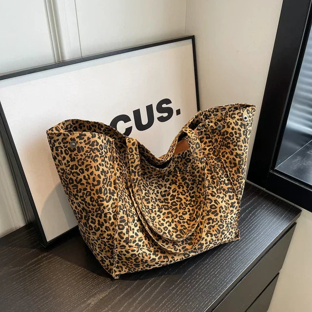 Oversized Canvas Shoulder Bag with Leopard Print - Lilac-Brown-Nora Luxe