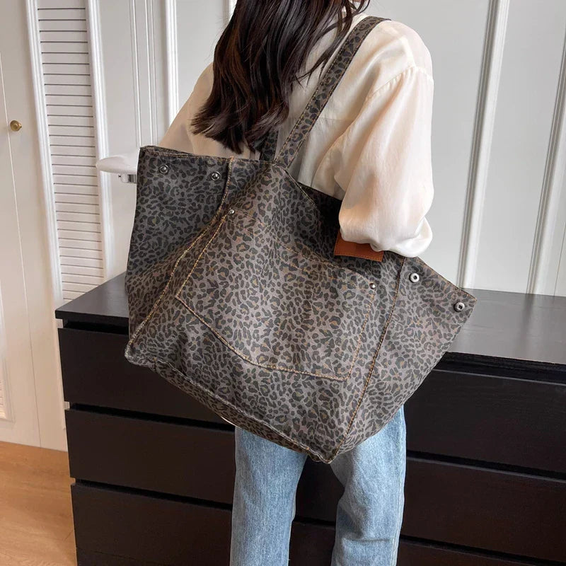 Oversized Canvas Shoulder Bag with Leopard Print - Lilac-Brown-Nora Luxe