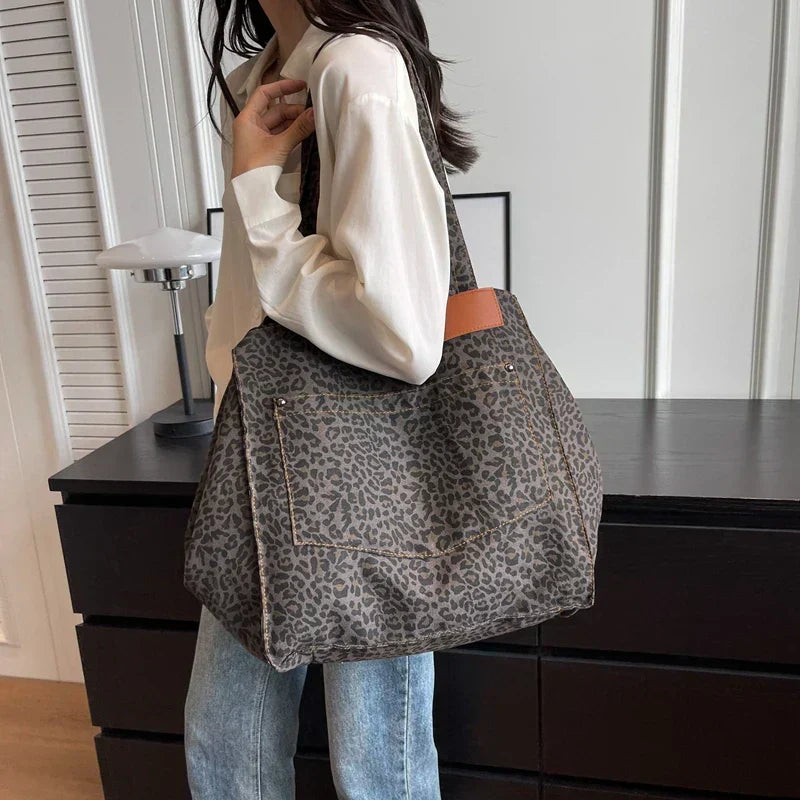 Oversized Canvas Shoulder Bag with Leopard Print - Lilac-Brown-Nora Luxe