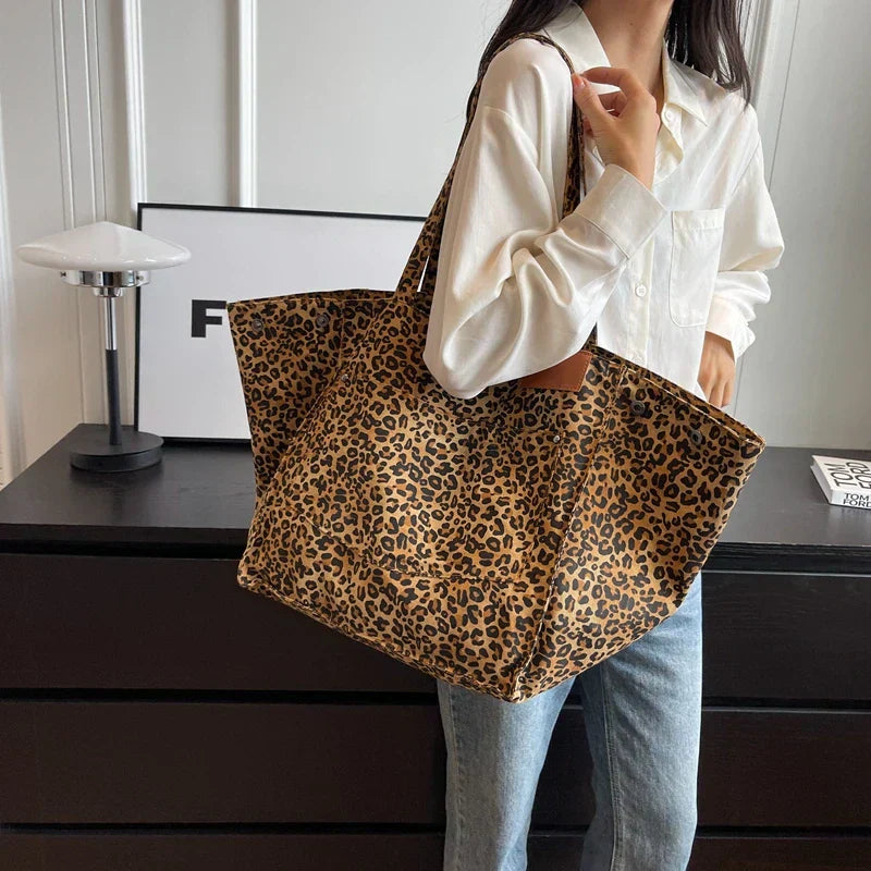 Oversized Canvas Shoulder Bag with Leopard Print - Lilac-Brown-Nora Luxe