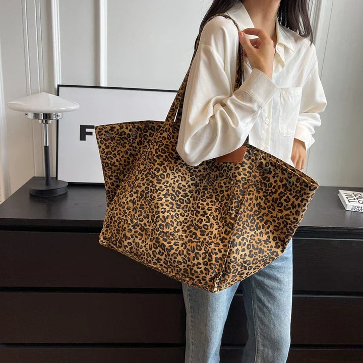 Oversized Canvas Shoulder Bag with Leopard Print - Lilac-Brown-Nora Luxe
