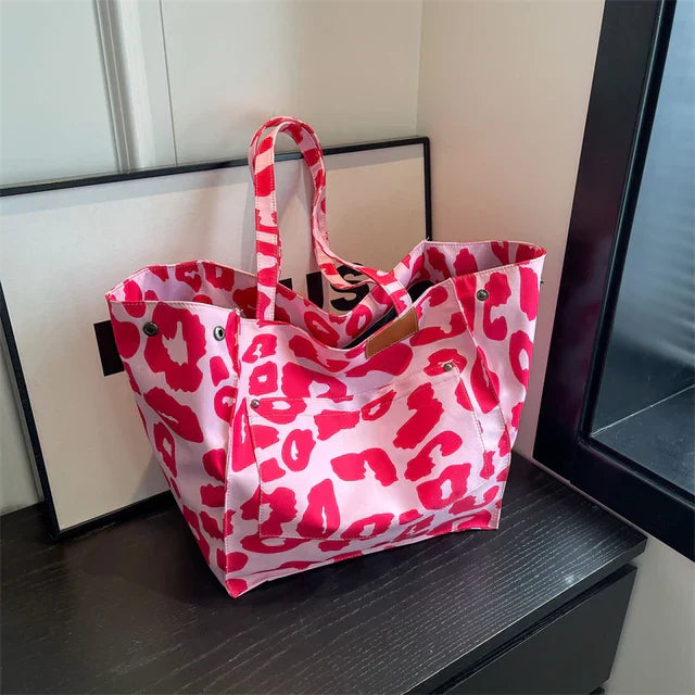 Oversized Canvas Shoulder Bag with Leopard Print - Lilac-Pink-Nora Luxe