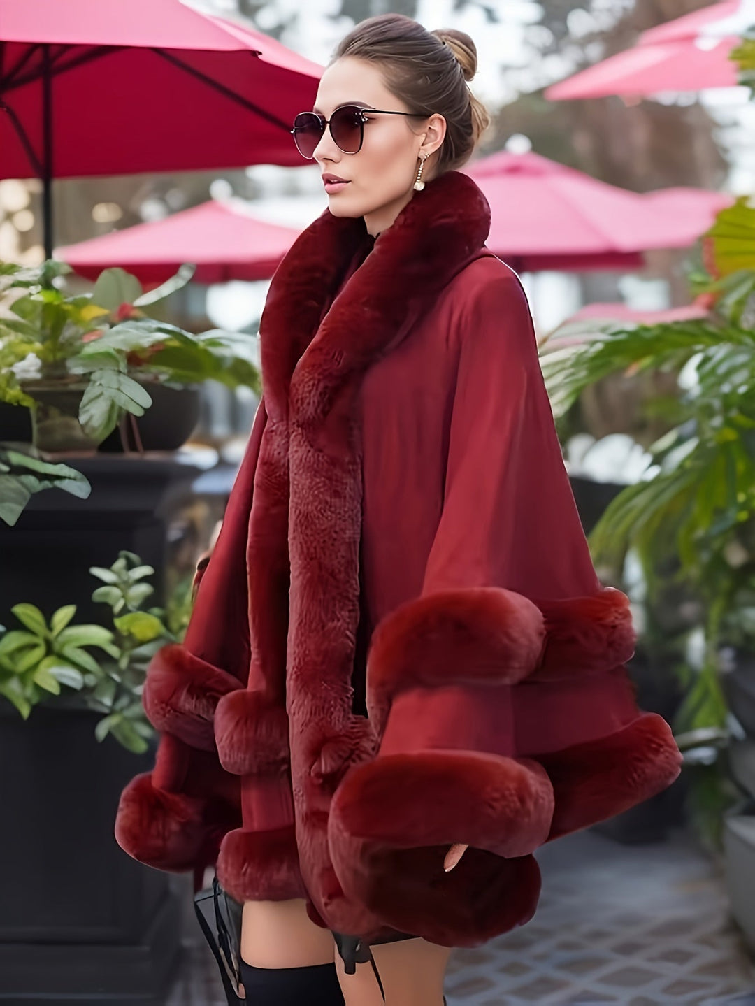 Oversized Furry Cape Jas for Women - Fiona-Bordeaux red-S-Nora Luxe