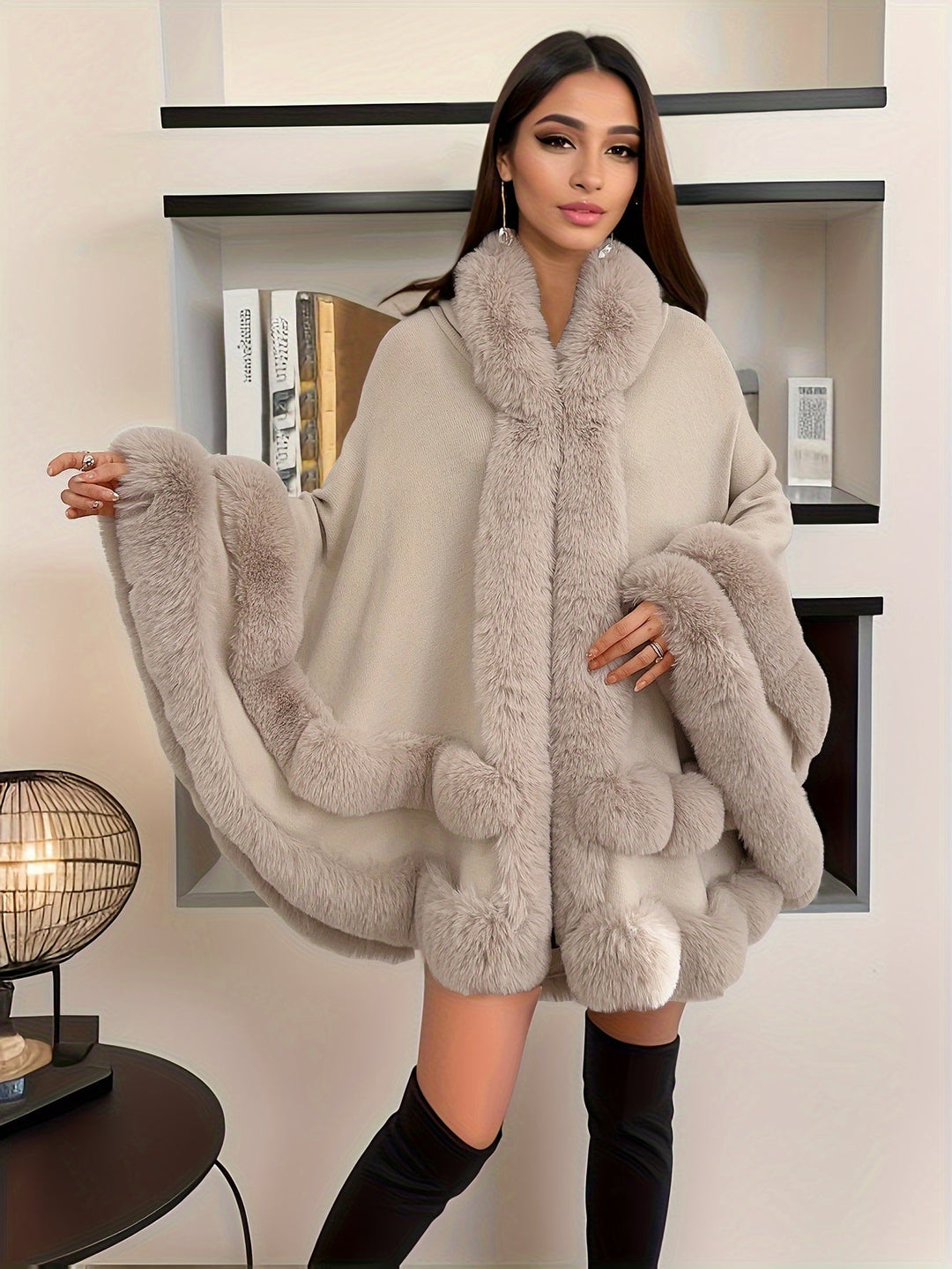 Oversized Furry Cape Jas for Women - Fiona-Khaki-S-Nora Luxe
