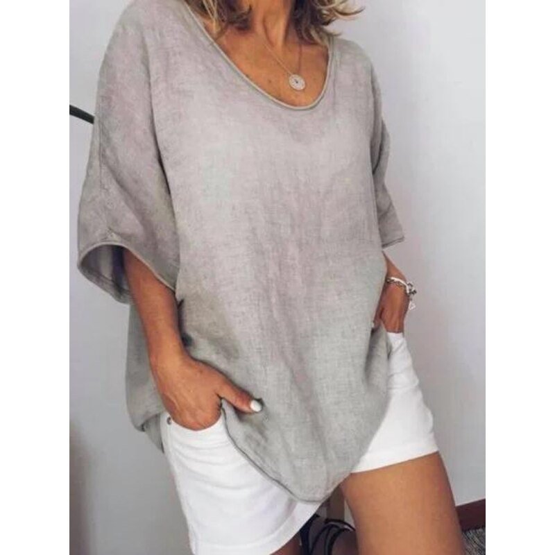 Oversized linen women's T-shirt – Elin-Light grey-S-Nora Luxe