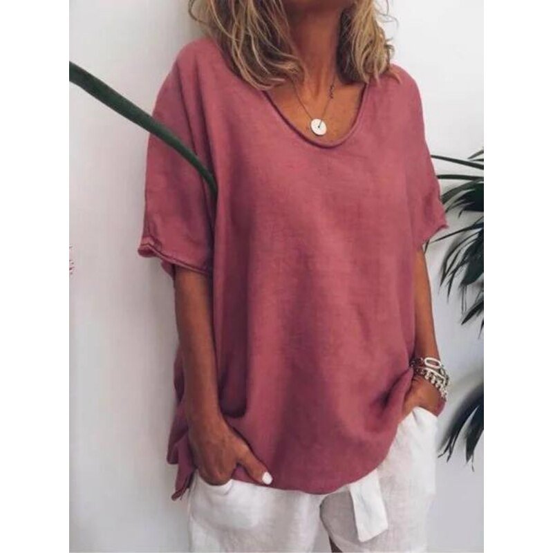 Oversized linen women's T-shirt – Elin-Pink-S-Nora Luxe