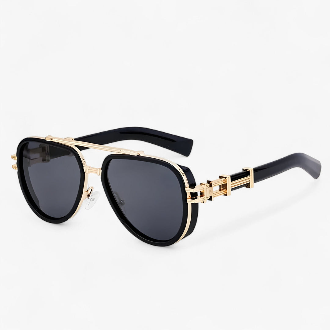 Oversized steampunk sunglasses with polarized lenses – Arclight-Black Gold Grey-Nora Luxe