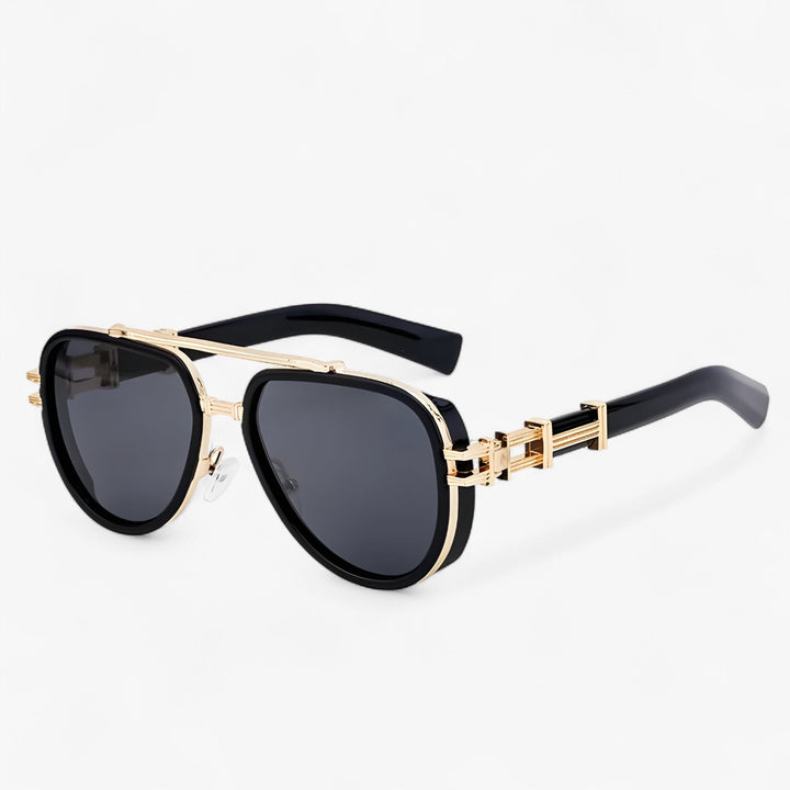 Oversized steampunk sunglasses with polarized lenses – Arclight-Black Gold Grey-Nora Luxe