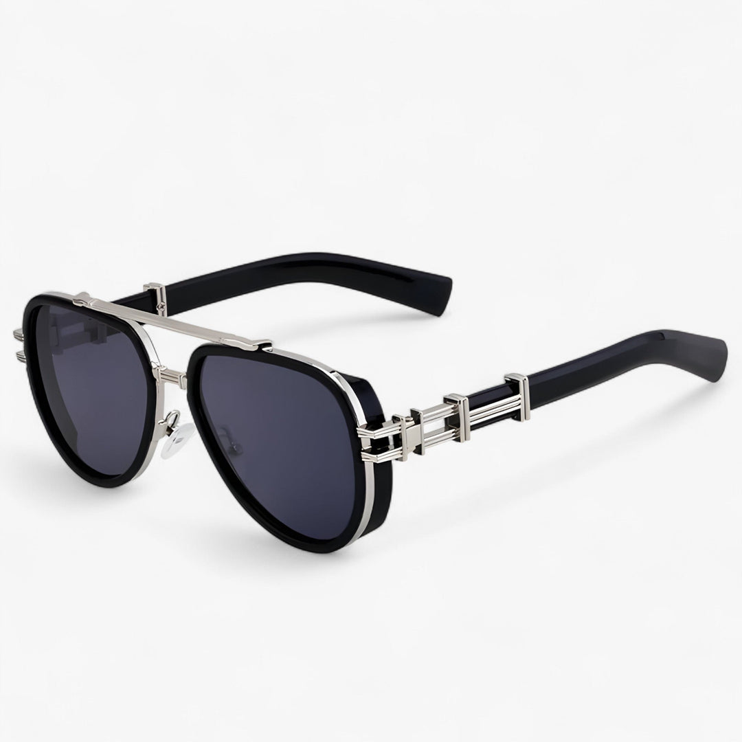 Oversized steampunk sunglasses with polarized lenses – Arclight-Black Silver Grey-Nora Luxe
