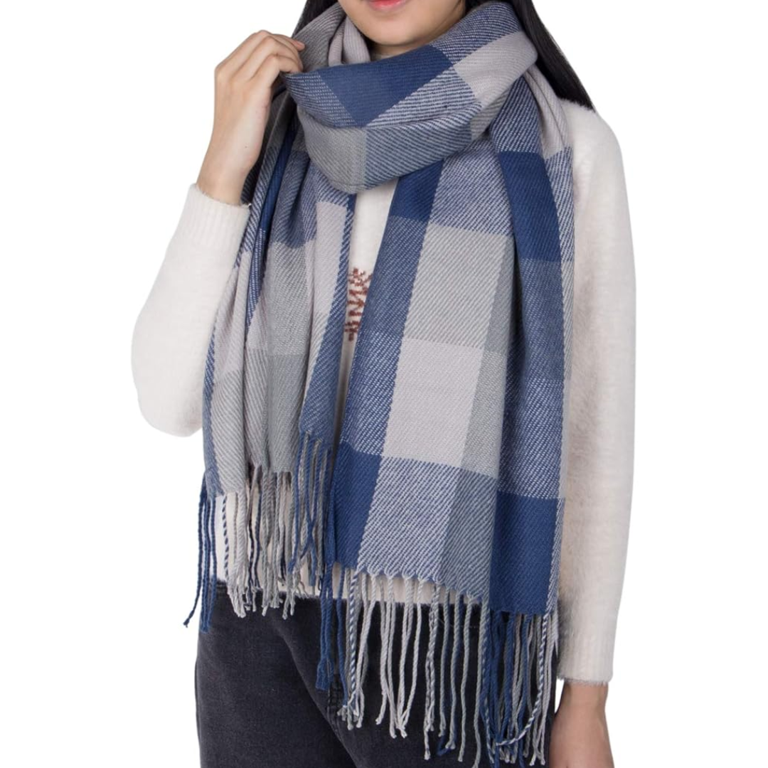 Oversized Winter Scarf - CozyPlaid-Gray Blue-Nora Luxe