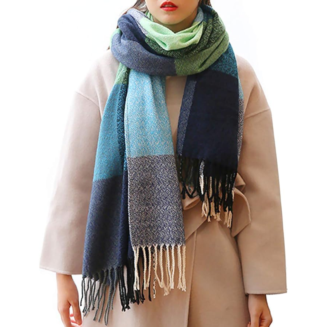 Oversized Winter Scarf - CozyPlaid-Green Blue-Nora Luxe