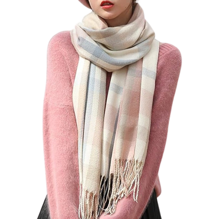 Oversized Winter Scarf - CozyPlaid-Pink Blue-Nora Luxe