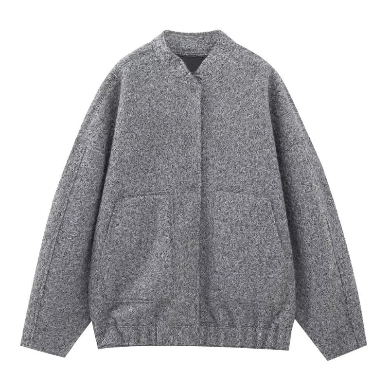 Oversized Wool Coat with Round Neck and Buttons - Selena-Gray-S-Nora Luxe