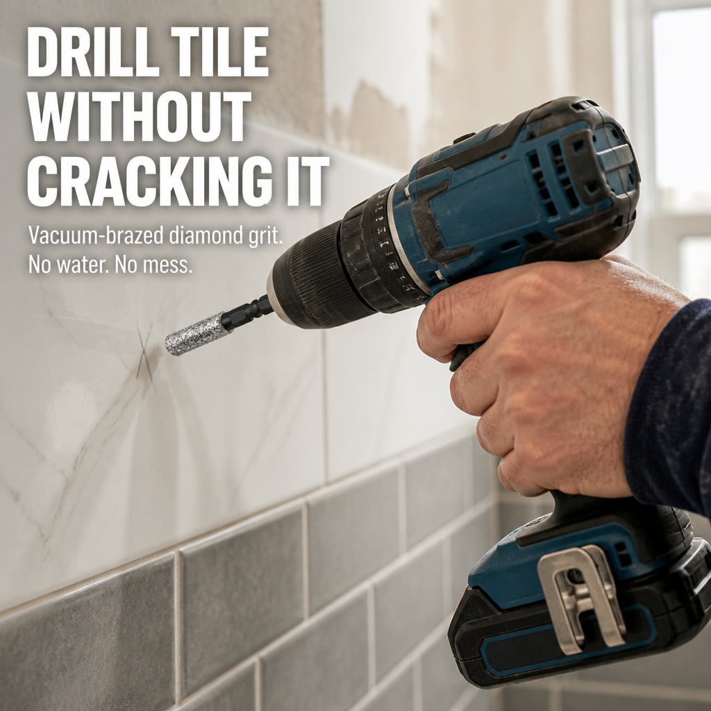 Blue cordless drill with a diamond-coated bit against a marble-look wall tile above gray subway tile.