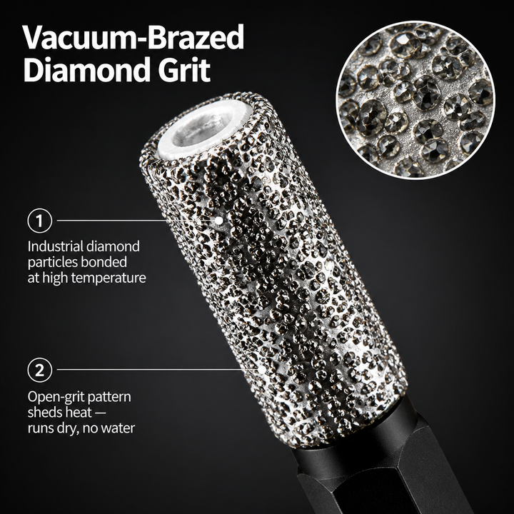 Detail of the diamond-coated tip with a black hex shank and magnified diamond particles.