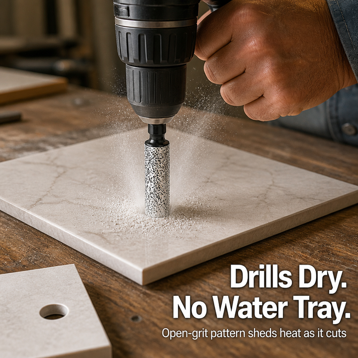 Another view of a drill cutting into a marble-look tile on a wooden workbench with dry dust spraying up.