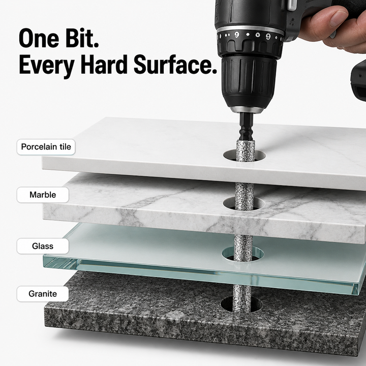 Another view of the bit drilling stacked slabs of porcelain tile, marble, glass and granite with clean round holes.