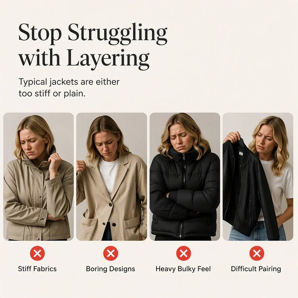 Comparison graphic of four frowning women in stiff, plain or bulky jackets, showing common layering frustrations. 5