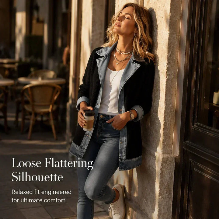 Woman leaning against a stone wall holding a coffee cup, wearing the black ribbed coat with denim trim and sneakers. 7