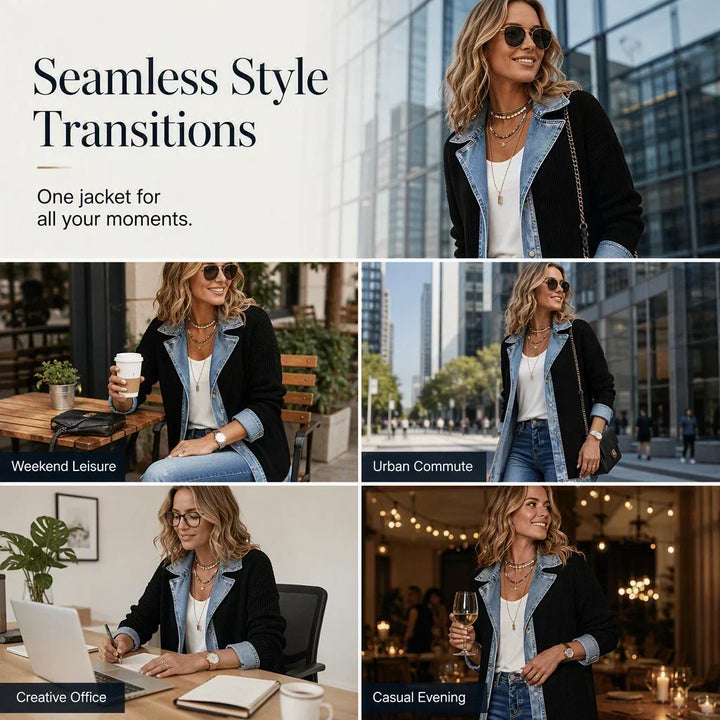 Collage of the black ribbed coat worn in four settings: casual cafe, city street, office desk and evening restaurant. 8